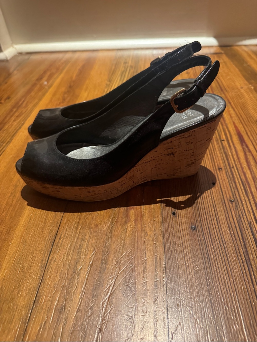 stuart weitzman Black Cork Wedge Slingback Peep Toe - Women